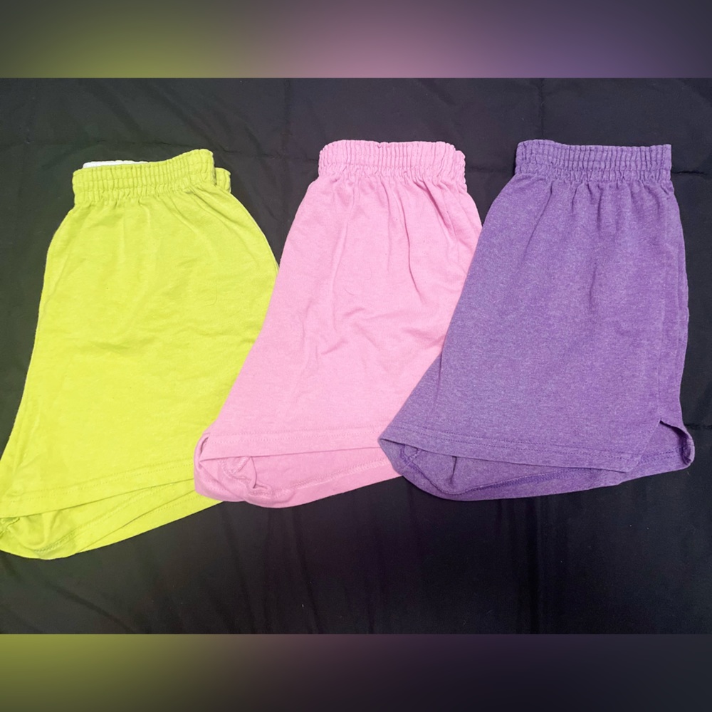 Soffe shorts, junior small, green/pink/purple, sold together.